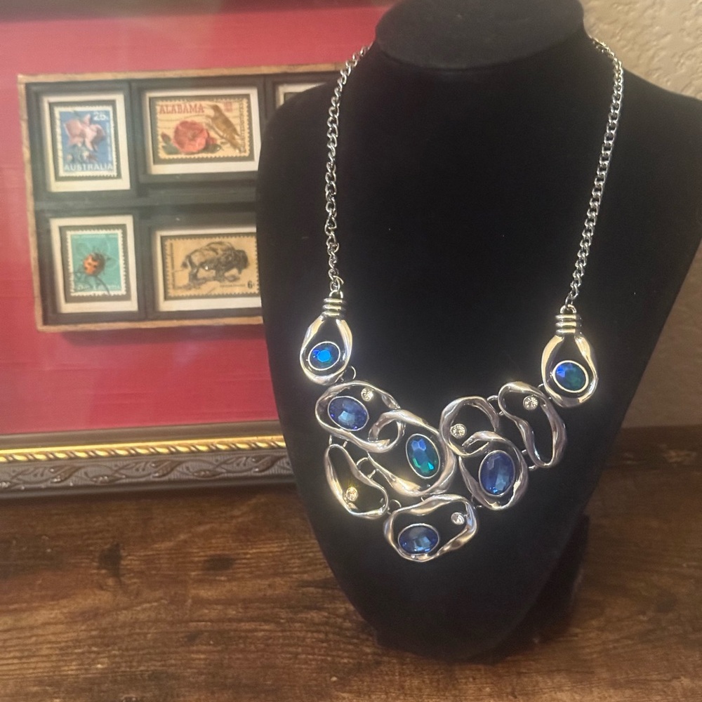 EUC Silver and Blue Statement Necklace - Picture 1 of 8
